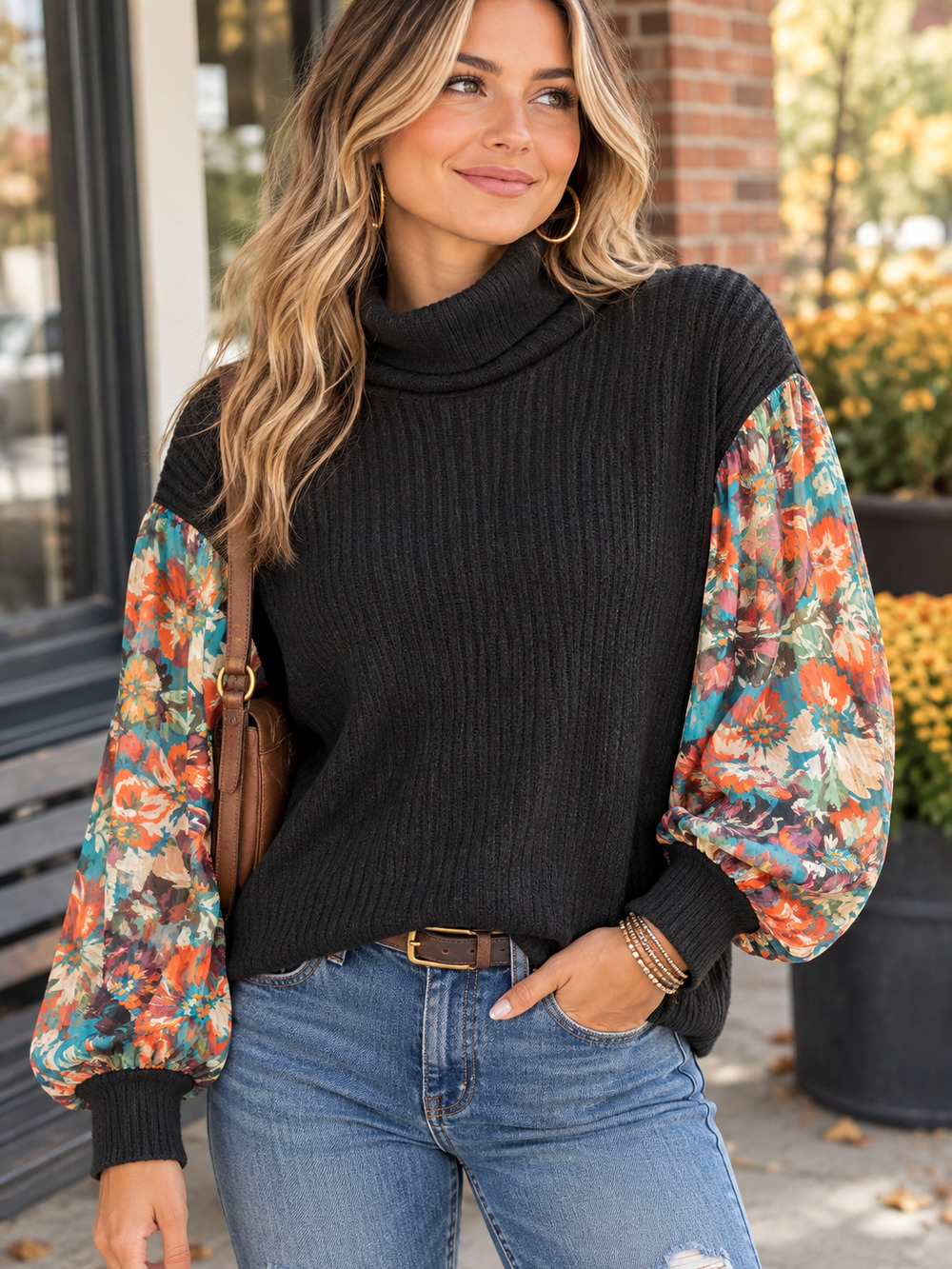 A Love Story Mixed Media Floral Balloon Sleeve Turtleneck Ribbed Sweater XL